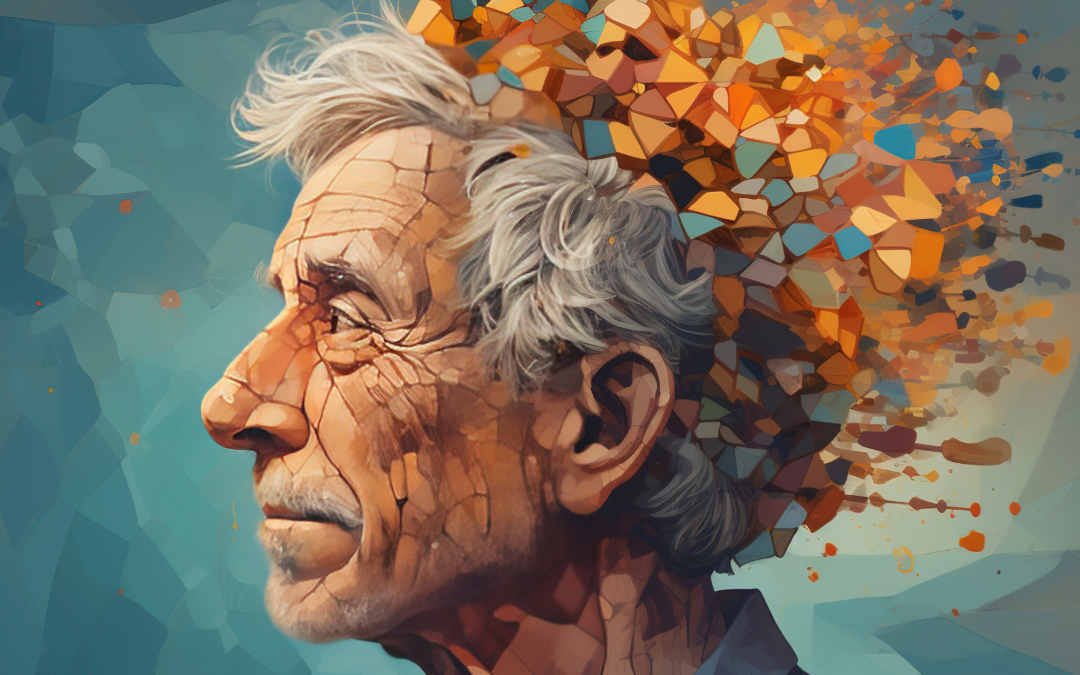 An elderly person completing a memory exercise on a tablet device, surrounded by various cognitive stimulation tools.