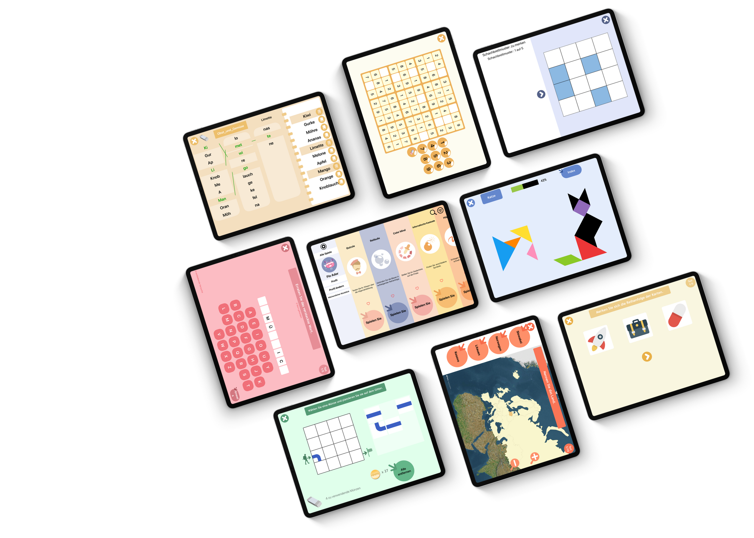 Bildschirme der EDITH-Spiele — Kognitive Stimulation für Senioren