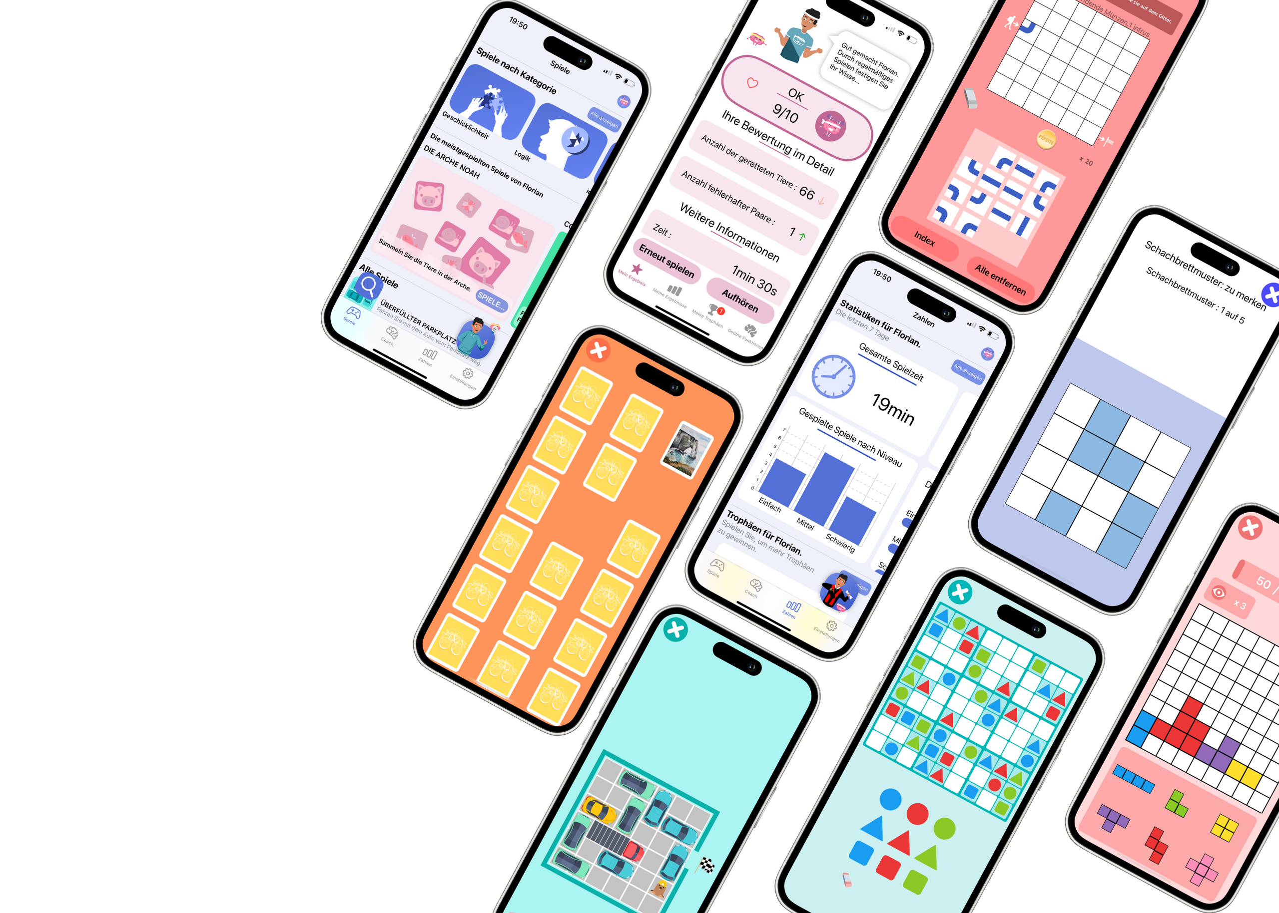 Bildschirme der JOE App — Gehirntraining