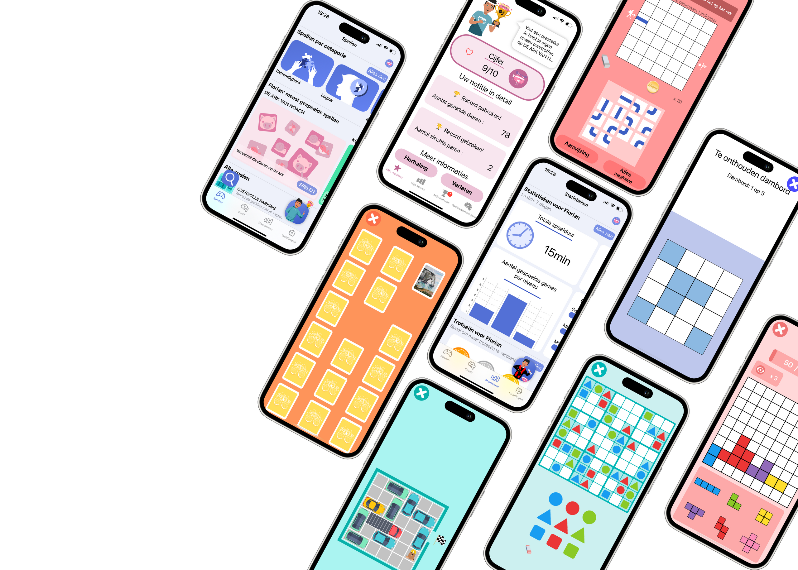 Schermen van de JOE app — hersentraining