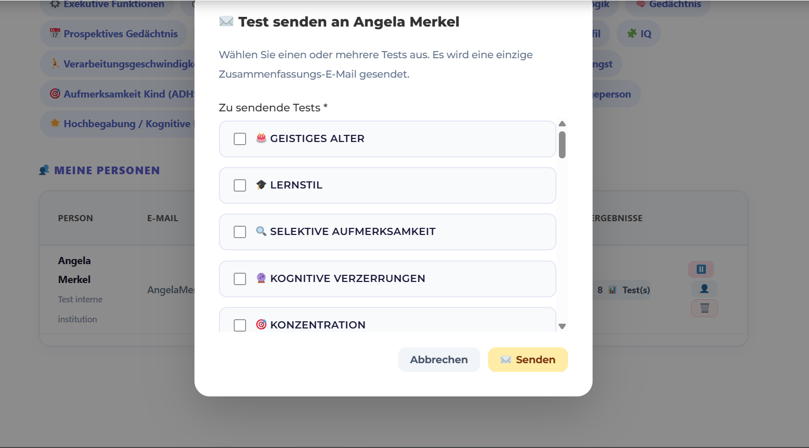Mehrere Tests gleichzeitig auswählen und senden