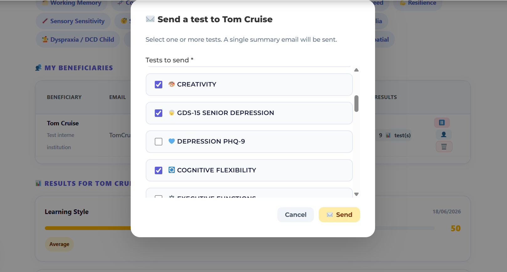 select and send multiple tests at a time