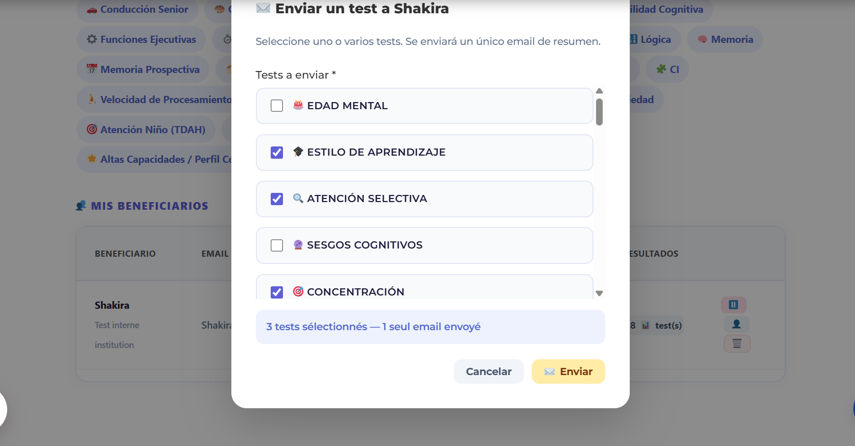 seleccionar y enviar varias pruebas a la vez