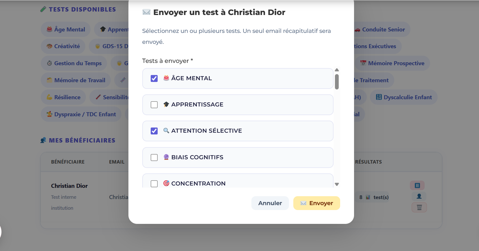 sélectionner et envoyer plusieurs tests à la fois