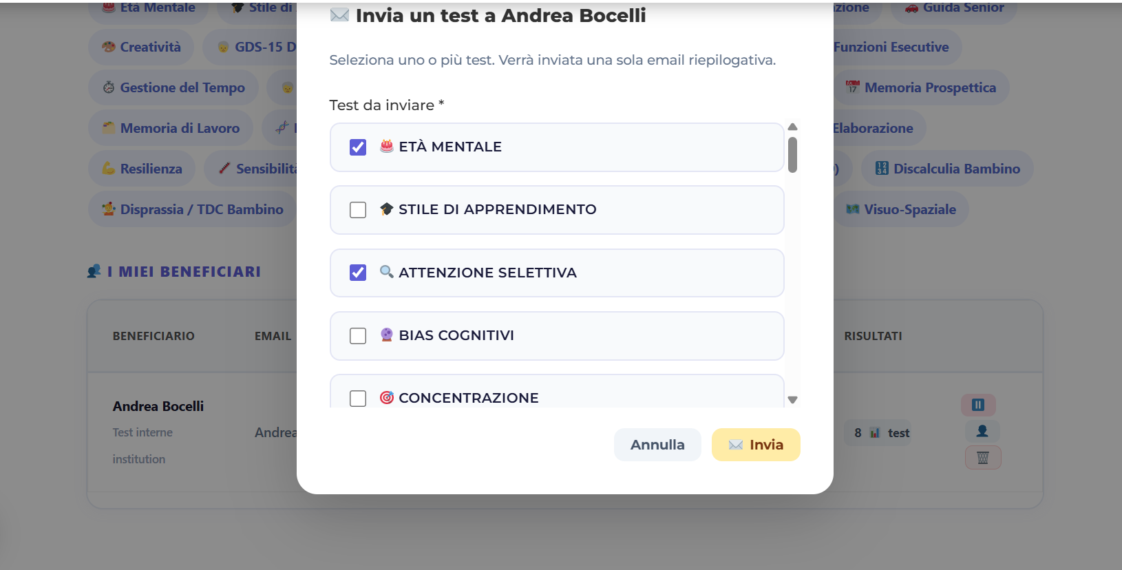 selezionare e inviare più test contemporaneamente