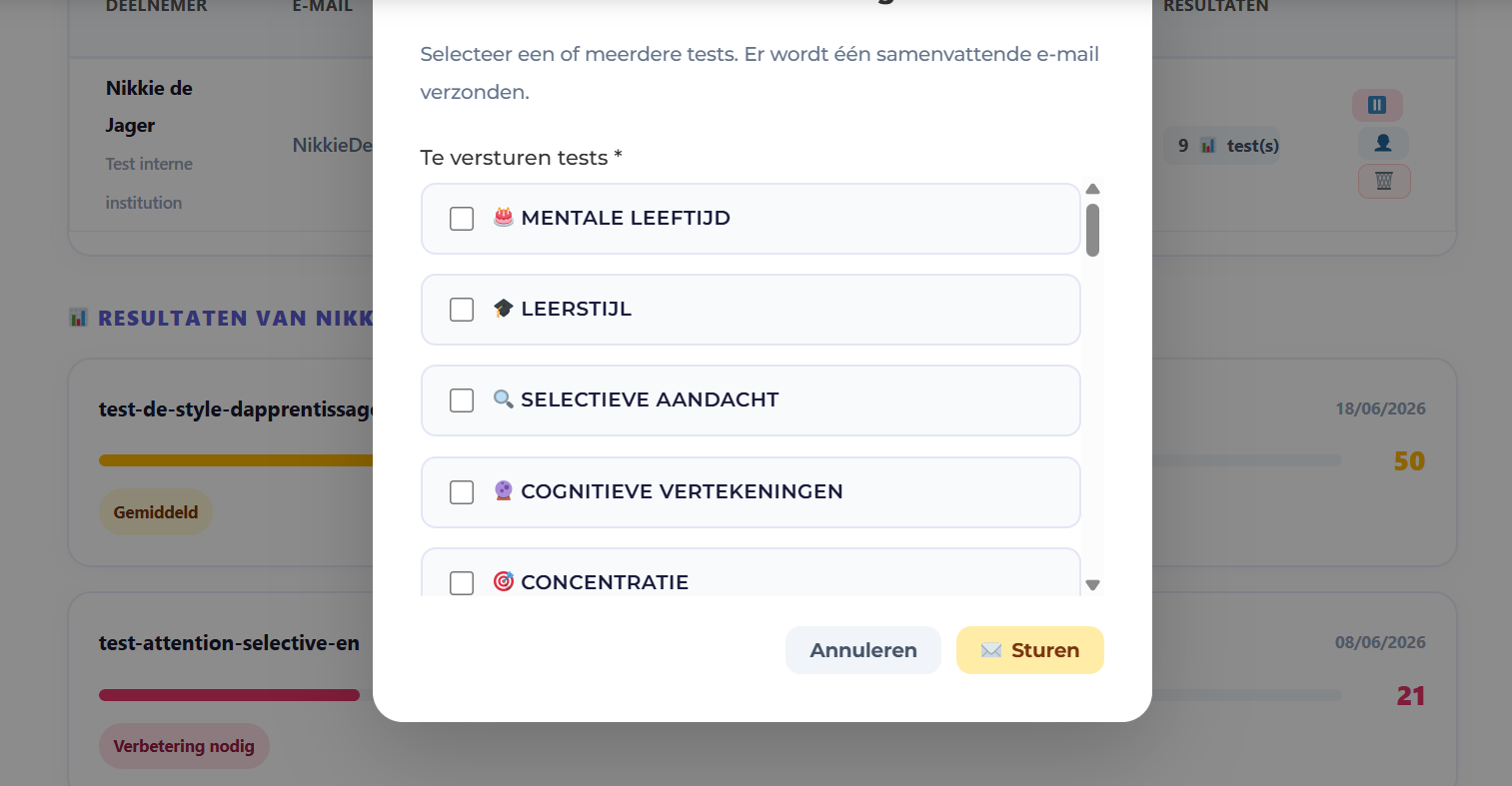 meerdere tests tegelijk selecteren en verzenden