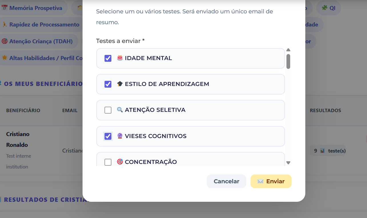 selecionar e enviar múltiplos testes de uma vez