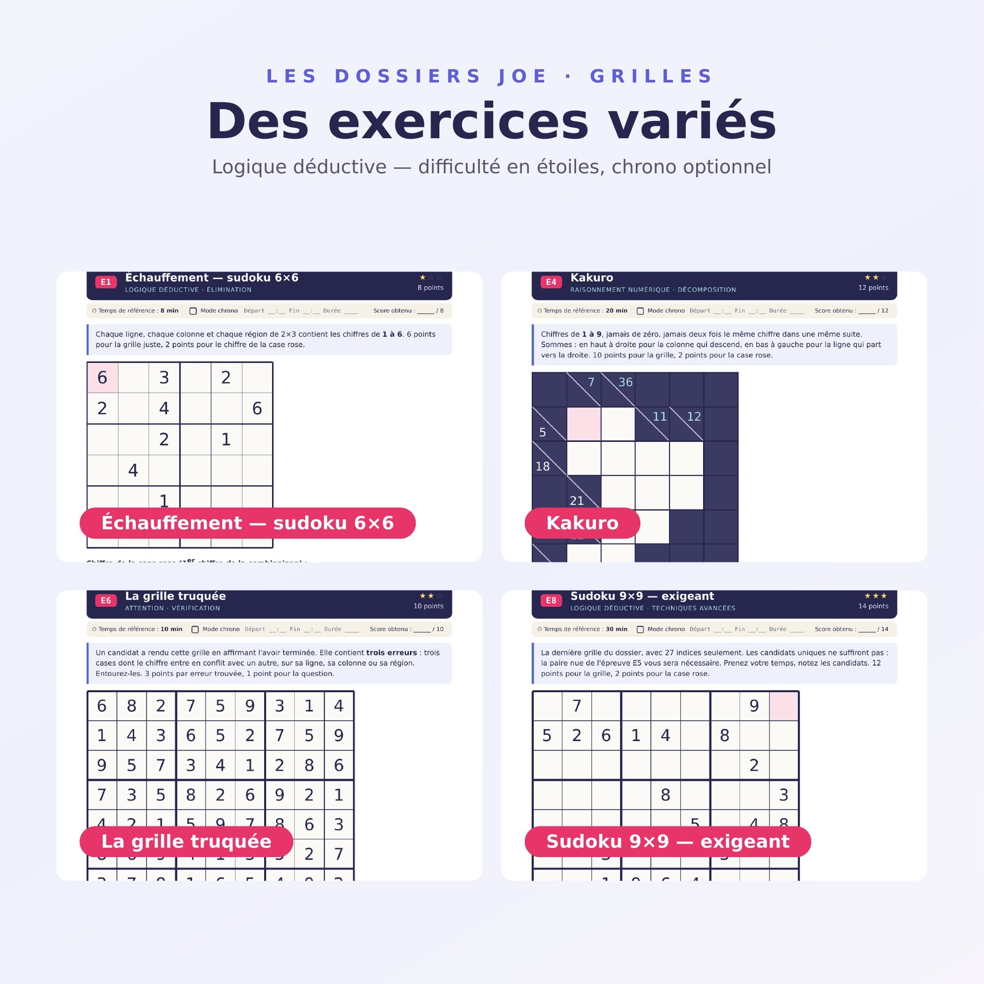 Exemples d'exercices : sudoku, kakuro, futoshiki