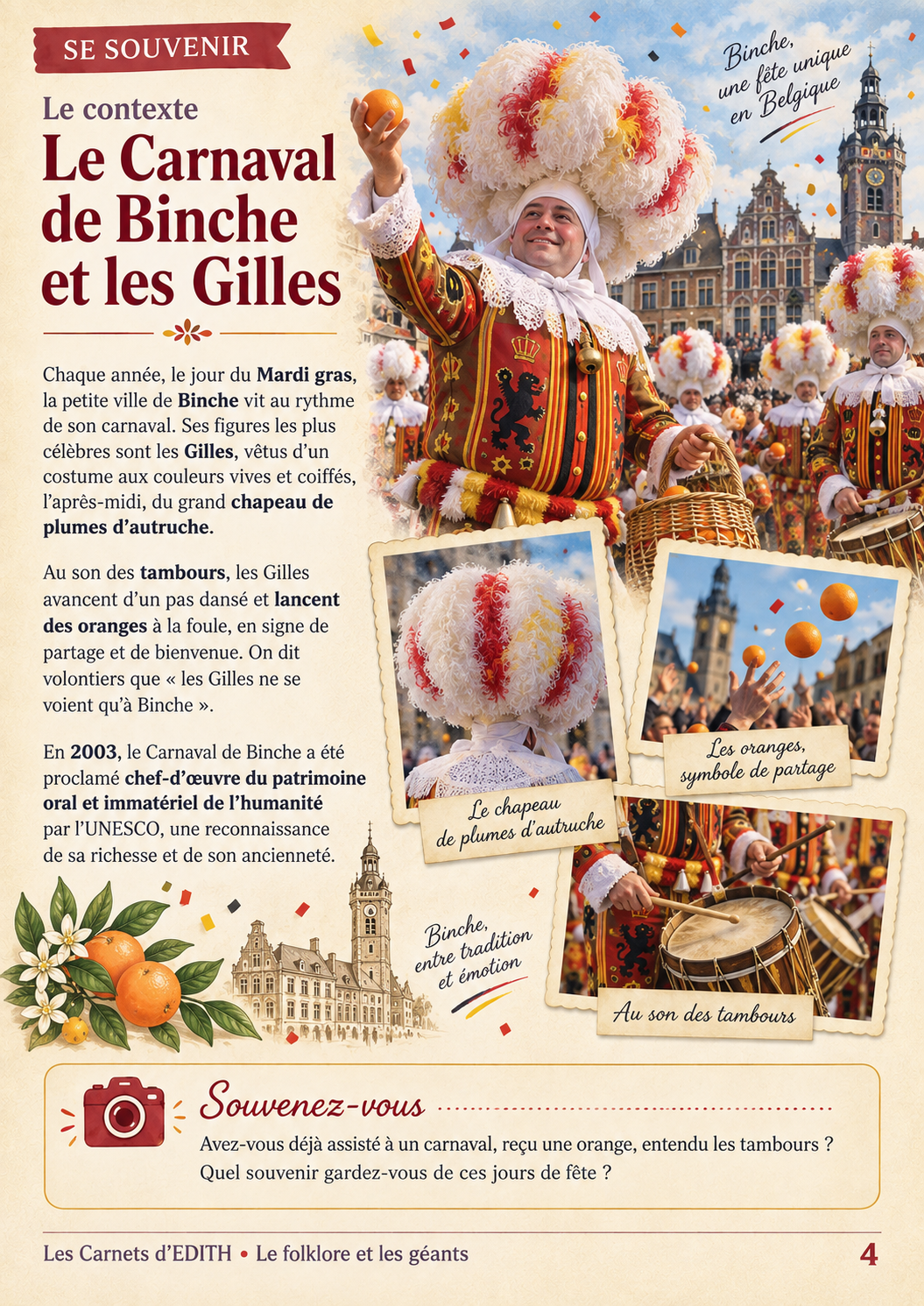 Page Souvenirs : Le carnaval de Binche, carnet Le folklore et les géants