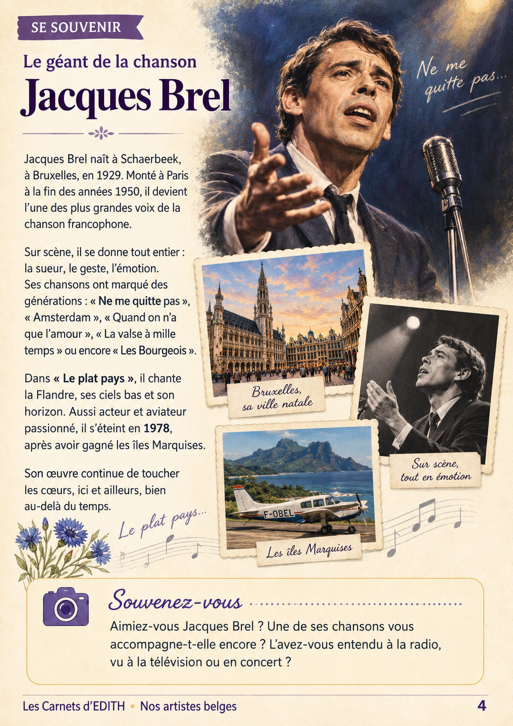 Page Souvenirs : Jacques Brel, carnet Nos artistes belges