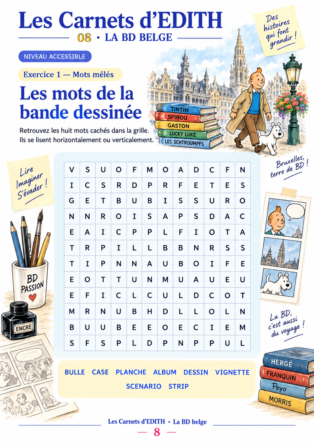 Exercice : Mots mêlés de la BD, carnet La BD belge