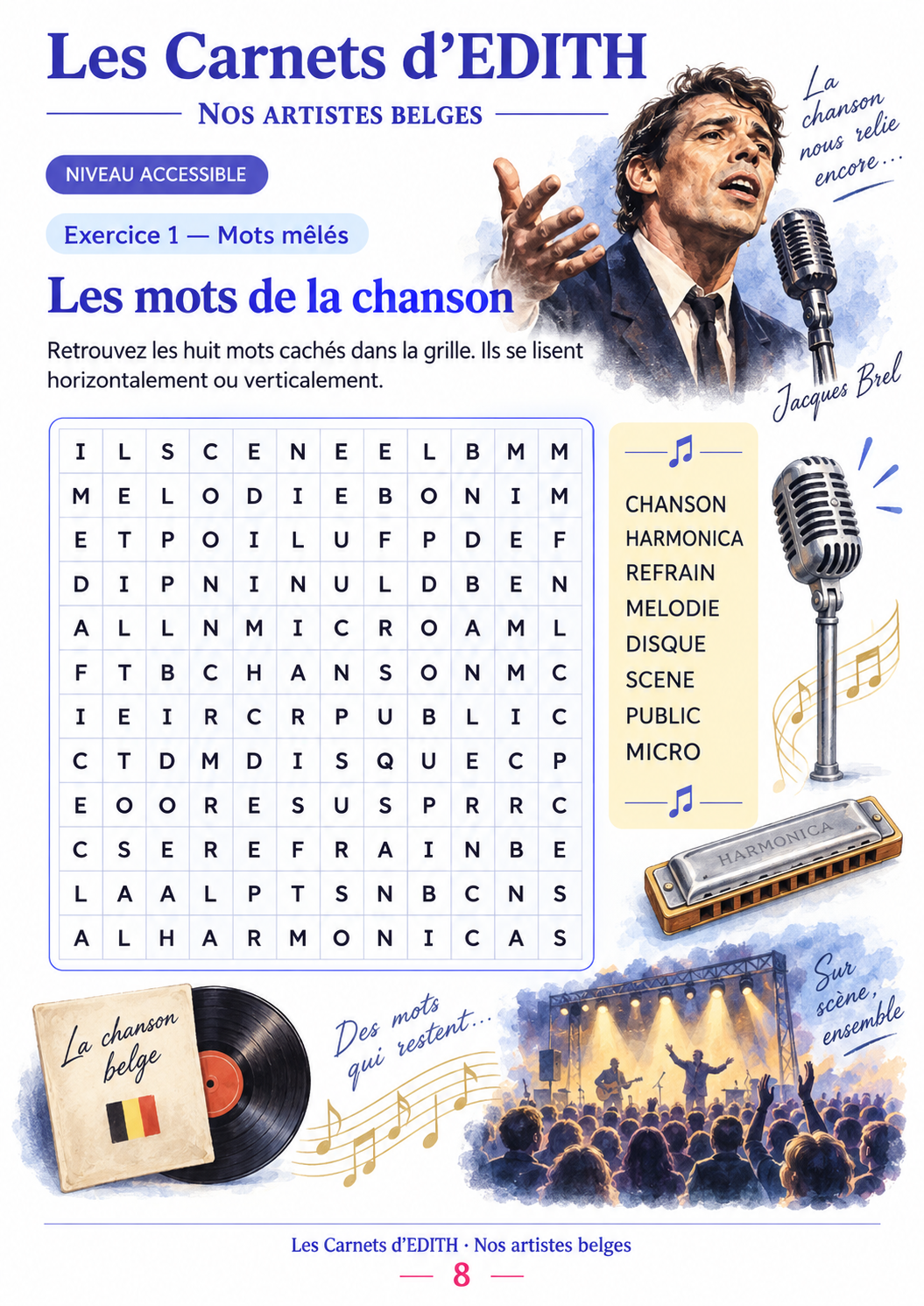 Exercice : Mots mêlés de la chanson, carnet Nos artistes belges