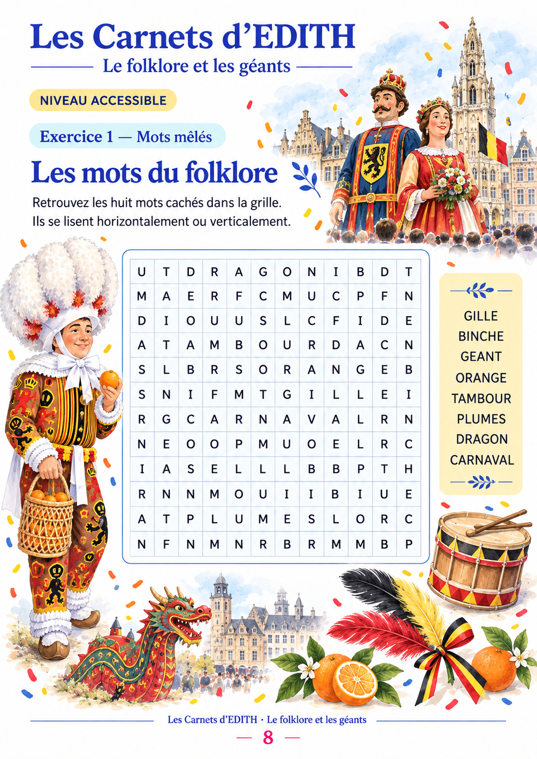 Exercice : Mots mêlés du folklore, carnet Le folklore et les géants