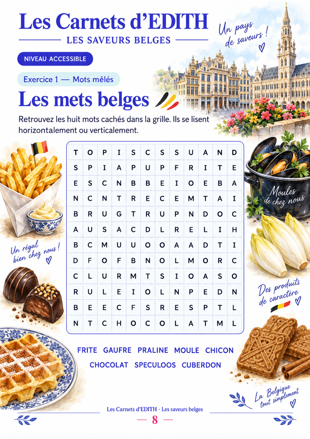 Exercice : Mots mêlés des saveurs, carnet Les saveurs belges