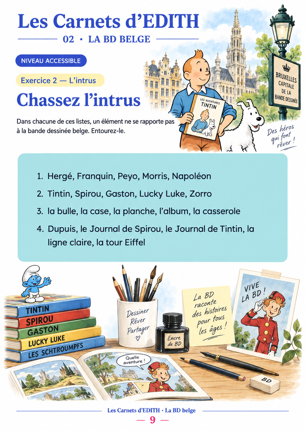 Exercice : Chassez l’intrus, carnet La BD belge