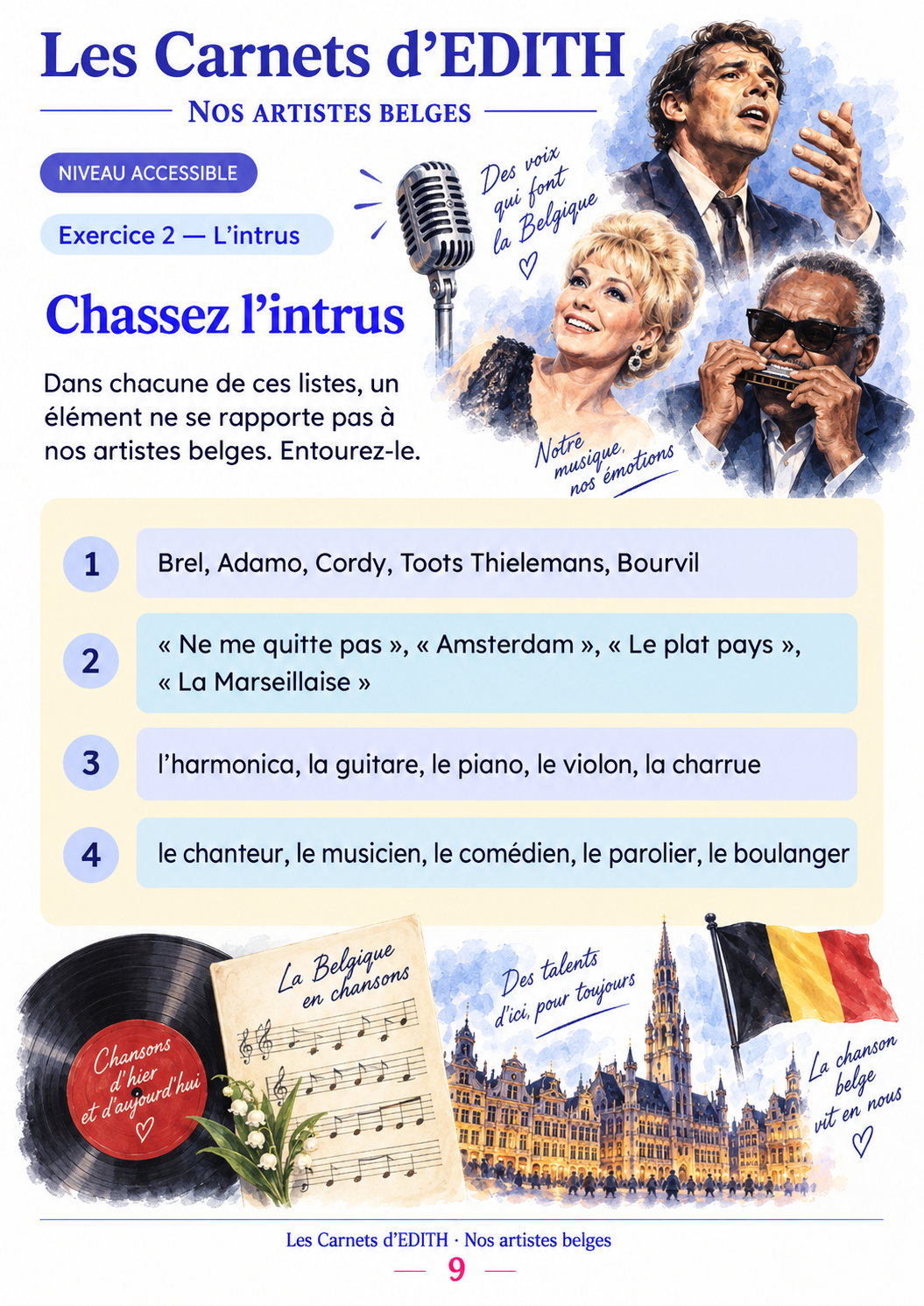 Exercice : Chassez l’intrus, carnet Nos artistes belges