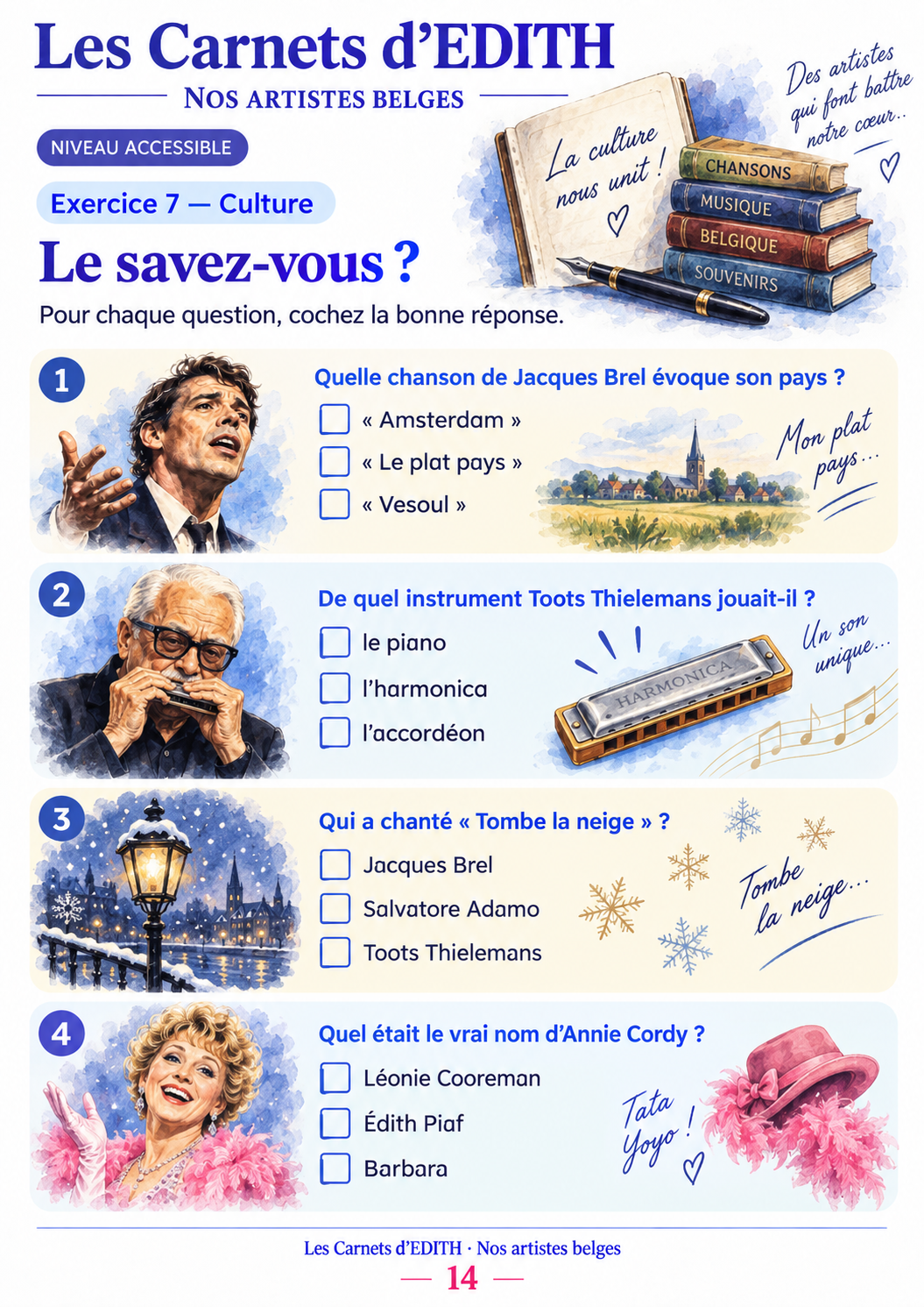 Exercice : Quiz culture artistes, carnet Nos artistes belges