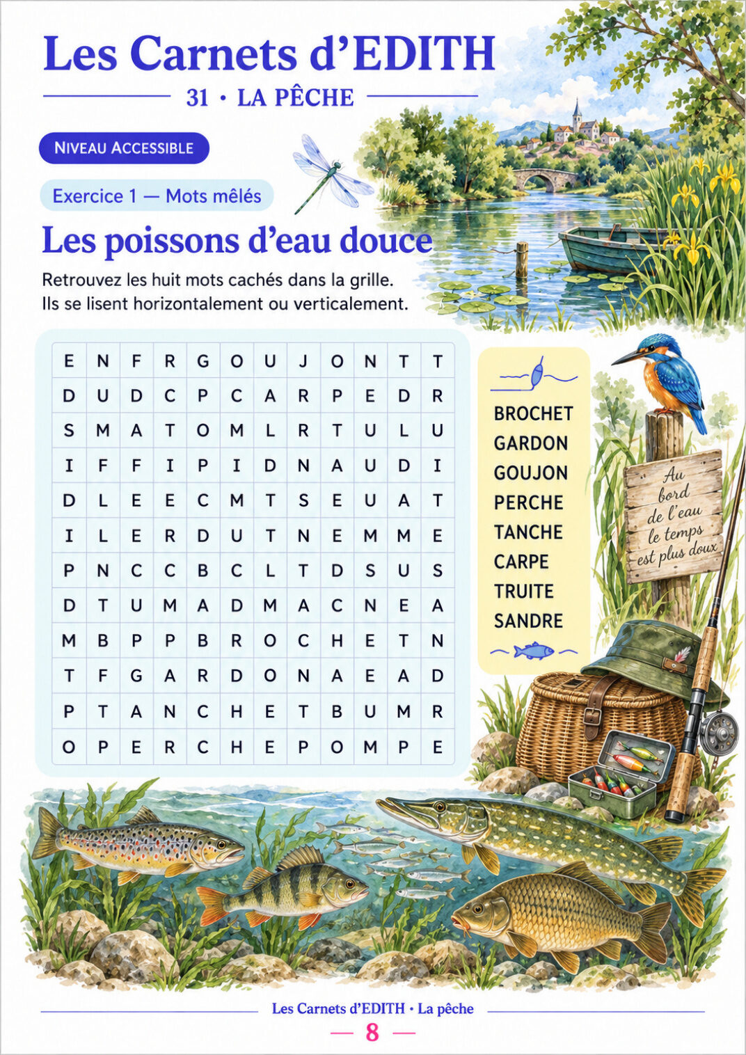 Page d’exercice 8 du carnet La pêche