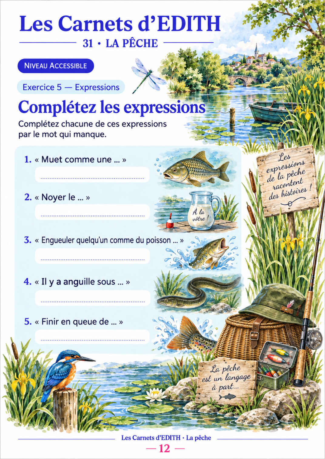 Page d’exercice 12 du carnet La pêche