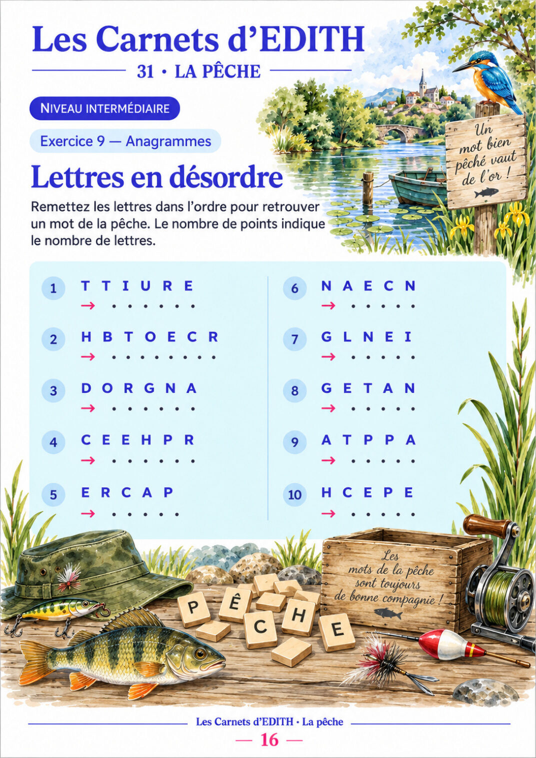 Page d’exercice 16 du carnet La pêche
