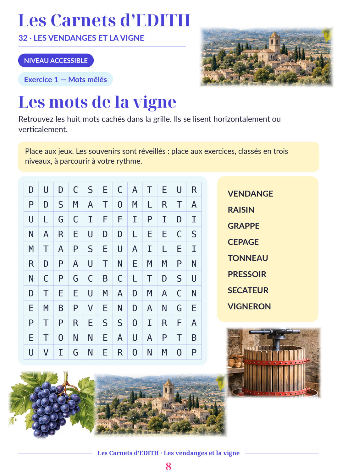 Page d’exercice 8 du carnet Les vendanges et la vigne