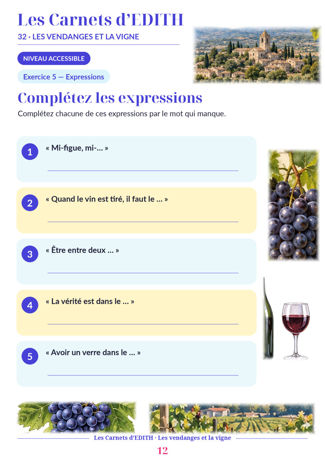 Page d’exercice 12 du carnet Les vendanges et la vigne