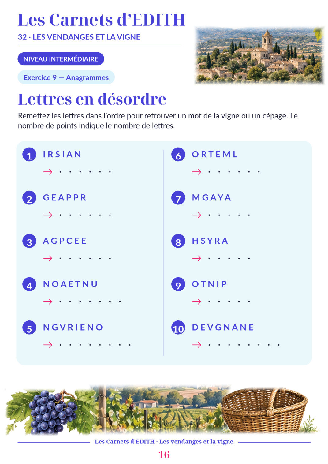 Page d’exercice 16 du carnet Les vendanges et la vigne