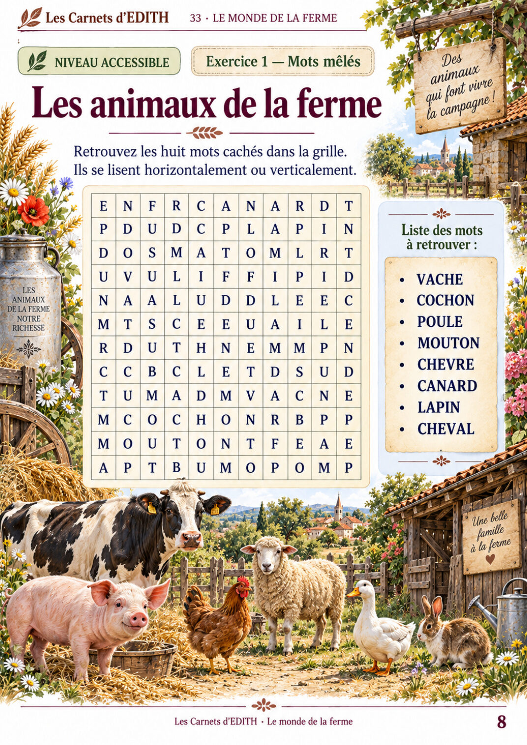 Page d’exercice 8 du carnet Le monde de la ferme