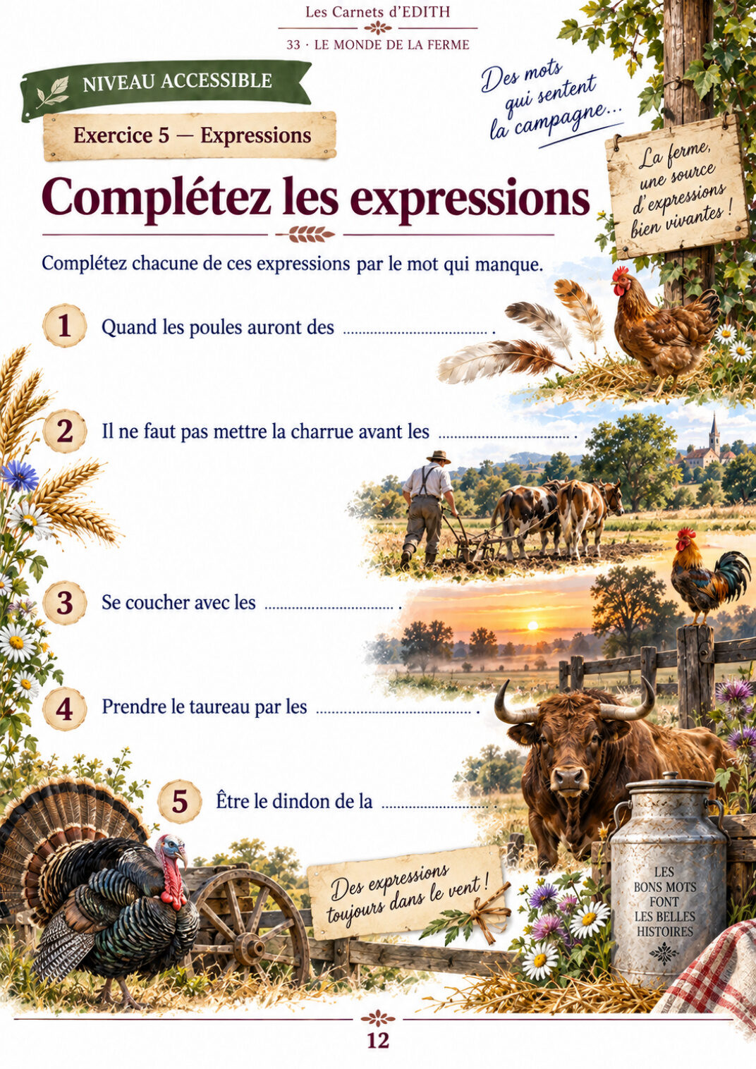 Page d’exercice 12 du carnet Le monde de la ferme