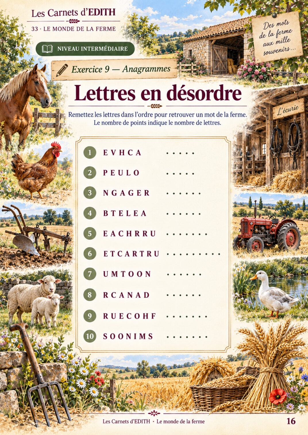 Page d’exercice 16 du carnet Le monde de la ferme