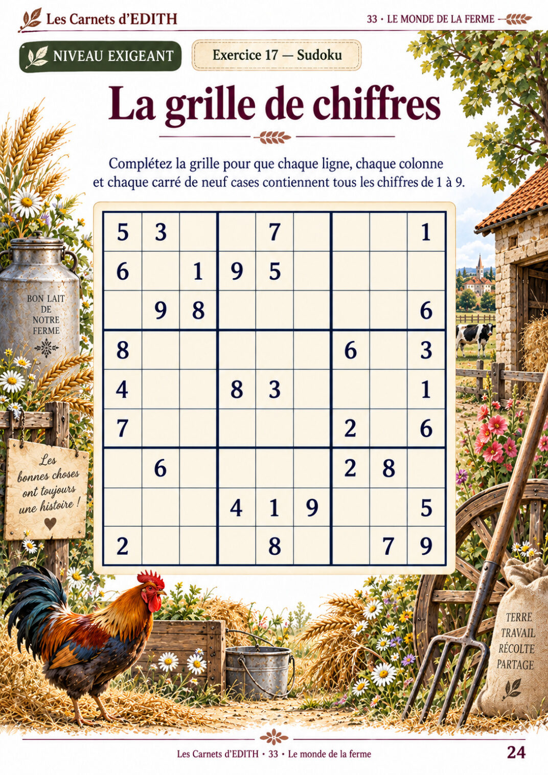 Page d’exercice 24 du carnet Le monde de la ferme