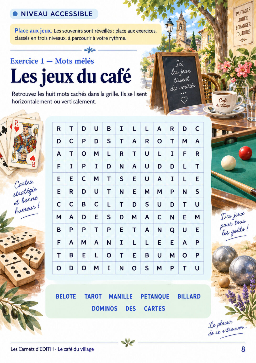 Page d’exercice 8 du carnet Le café du village