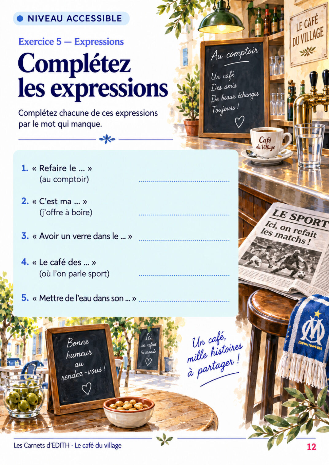 Page d’exercice 12 du carnet Le café du village