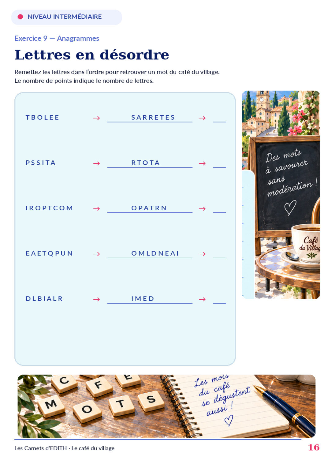Page d’exercice 16 du carnet Le café du village