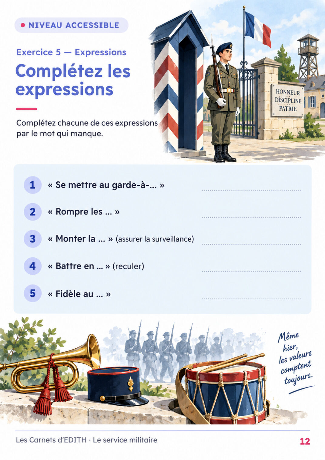 Page d’exercice 12 du carnet Le service militaire