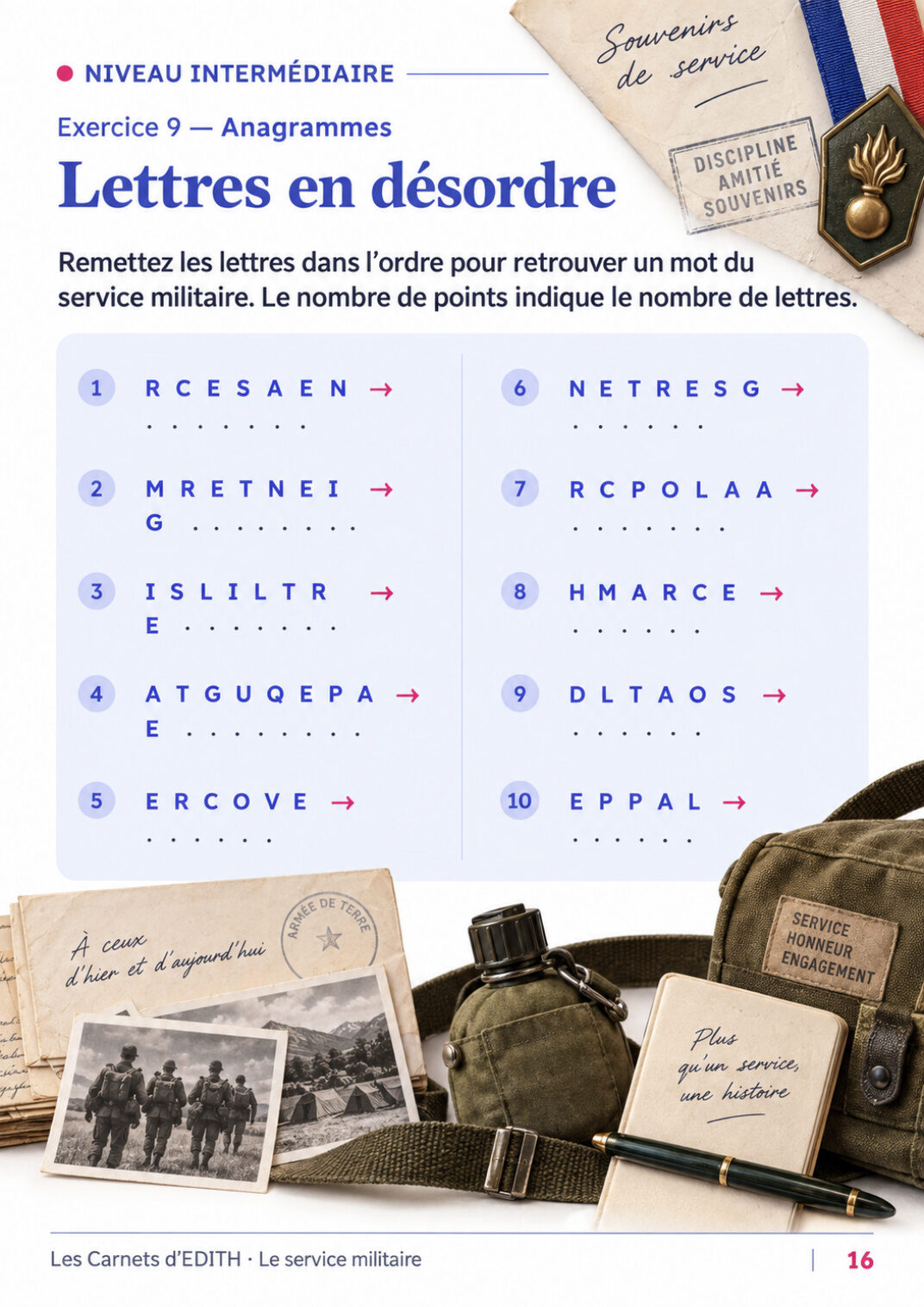Page d’exercice 16 du carnet Le service militaire