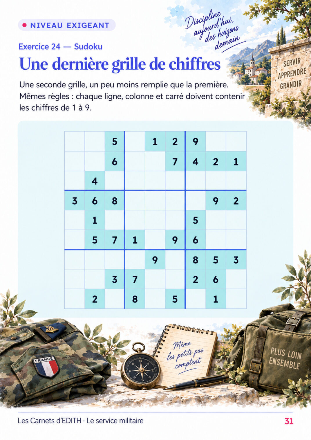Page d’exercice 31 du carnet Le service militaire