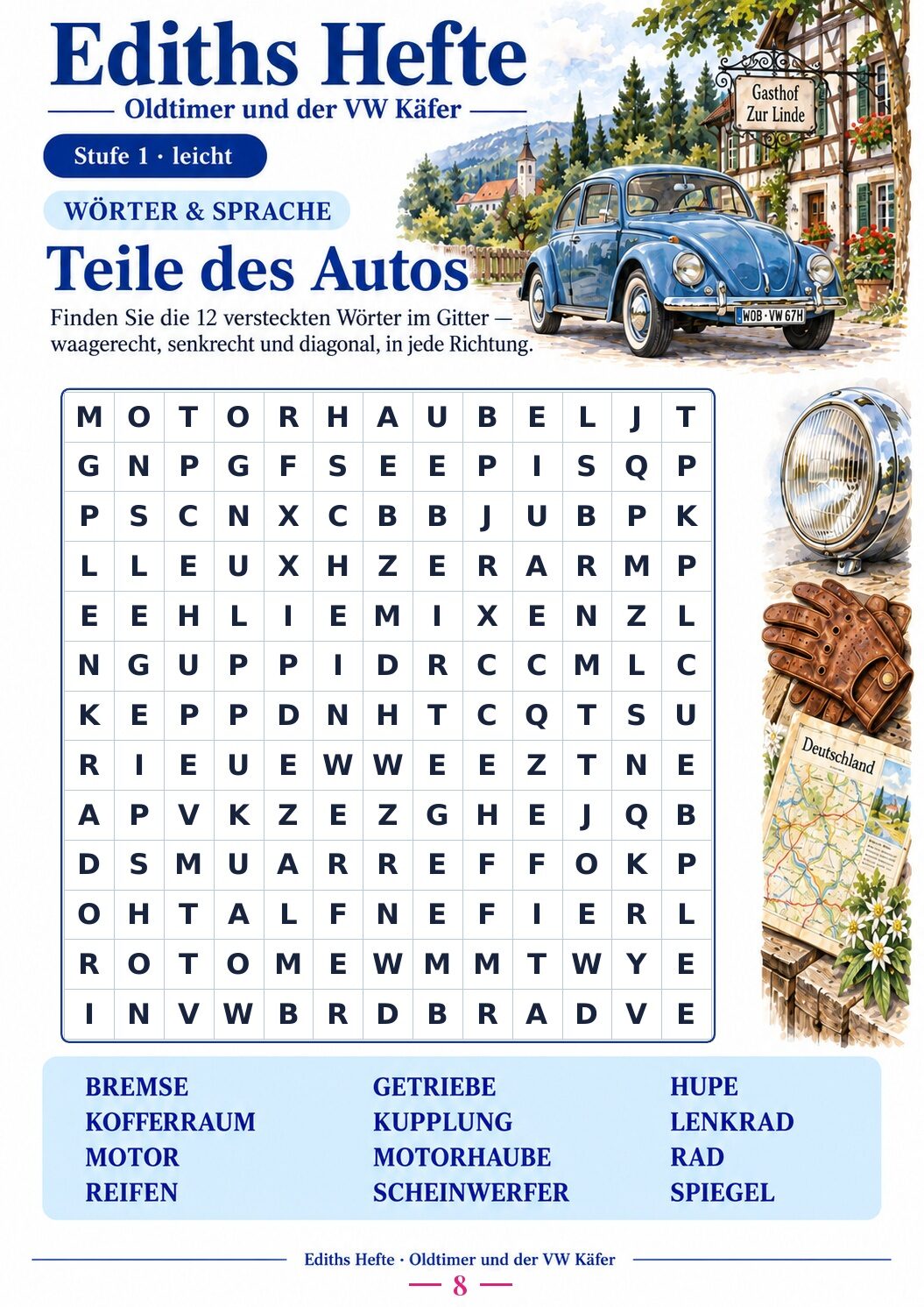 Übungsseite 8 aus dem Heft Oldtimer und der VW Käfer