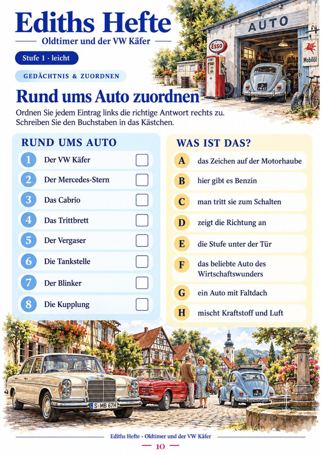 Übungsseite 10 aus dem Heft Oldtimer und der VW Käfer