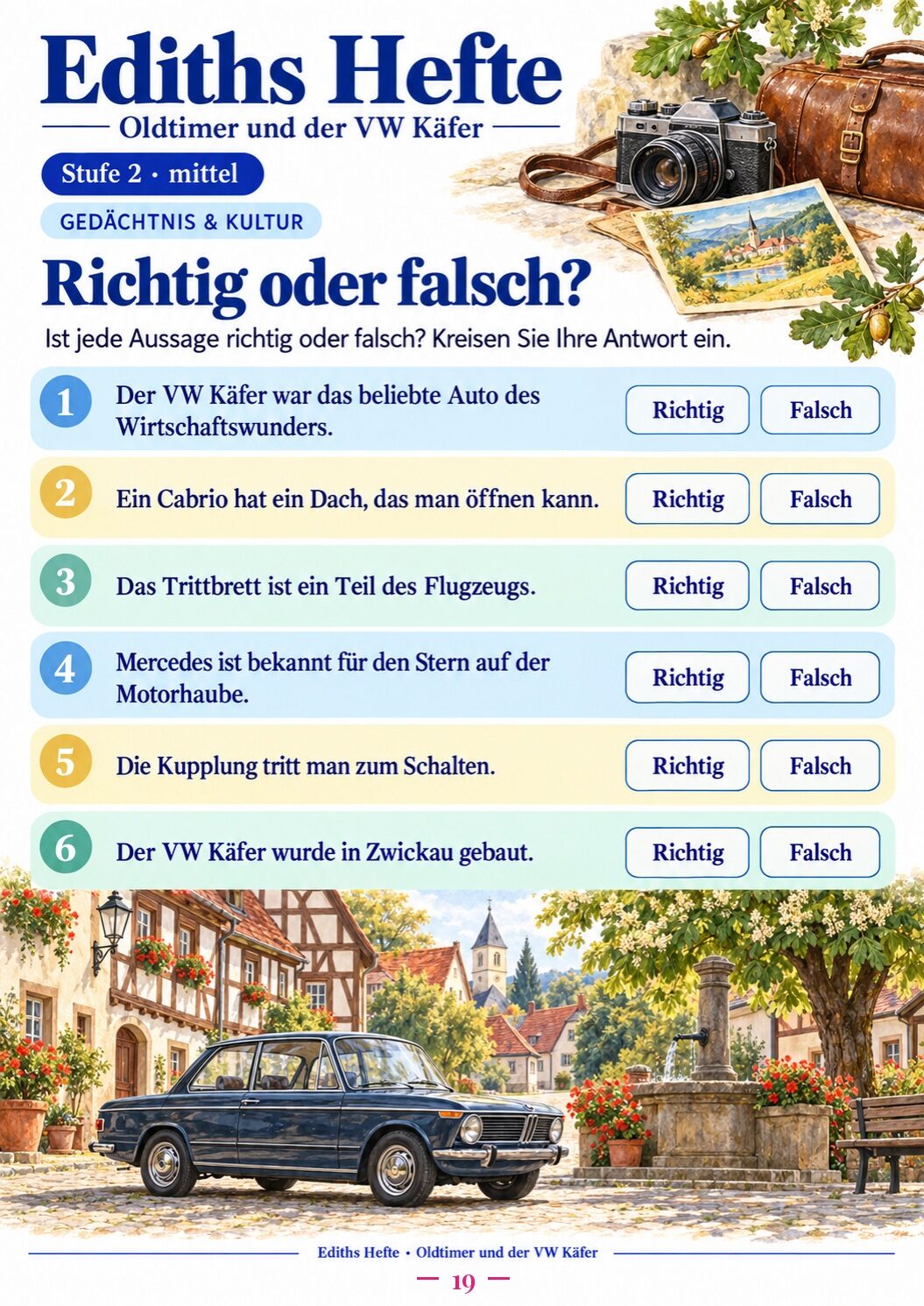 Übungsseite 19 aus dem Heft Oldtimer und der VW Käfer