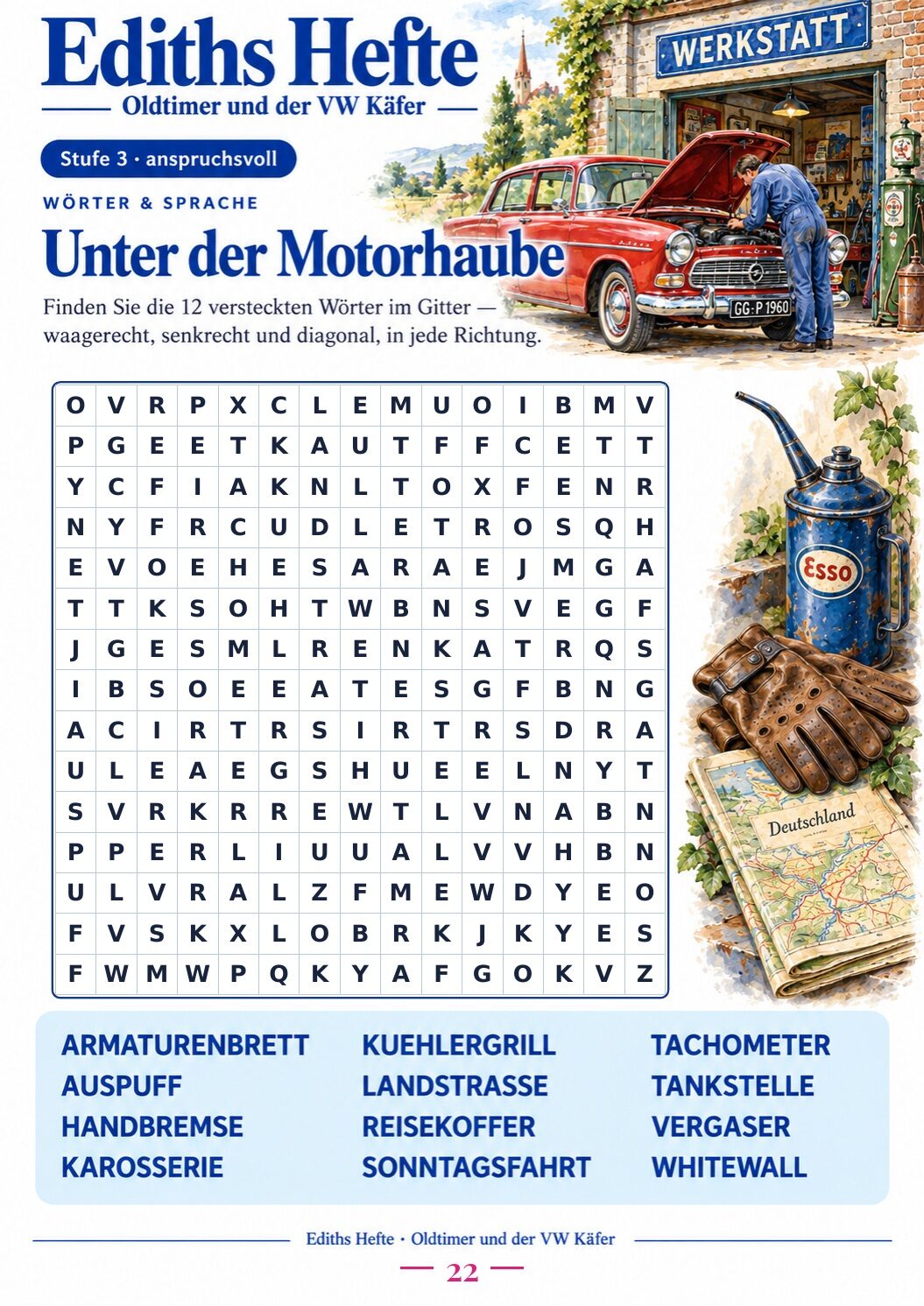 Übungsseite 22 aus dem Heft Oldtimer und der VW Käfer