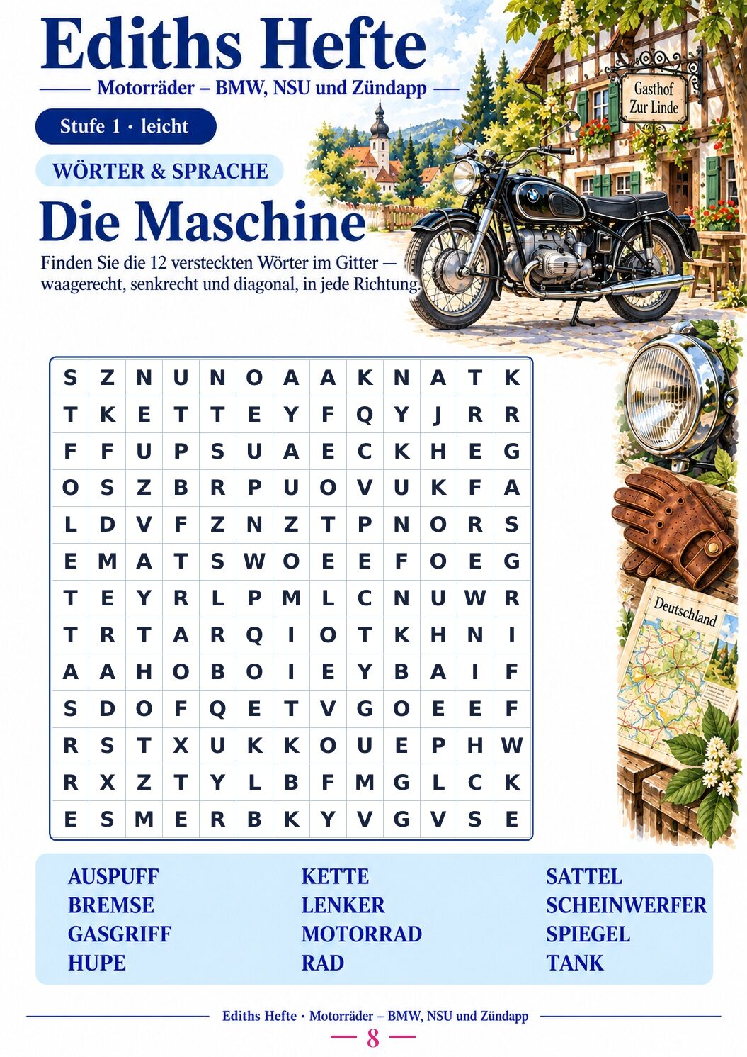 Übungsseite 8 aus dem Heft Motorräder: BMW, NSU und Zündapp
