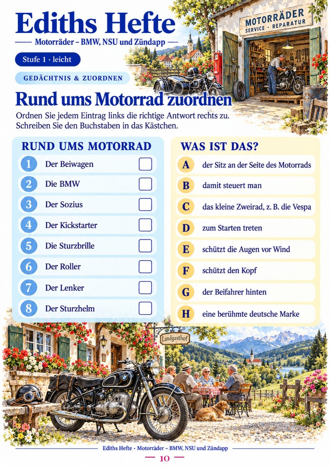 Übungsseite 10 aus dem Heft Motorräder: BMW, NSU und Zündapp