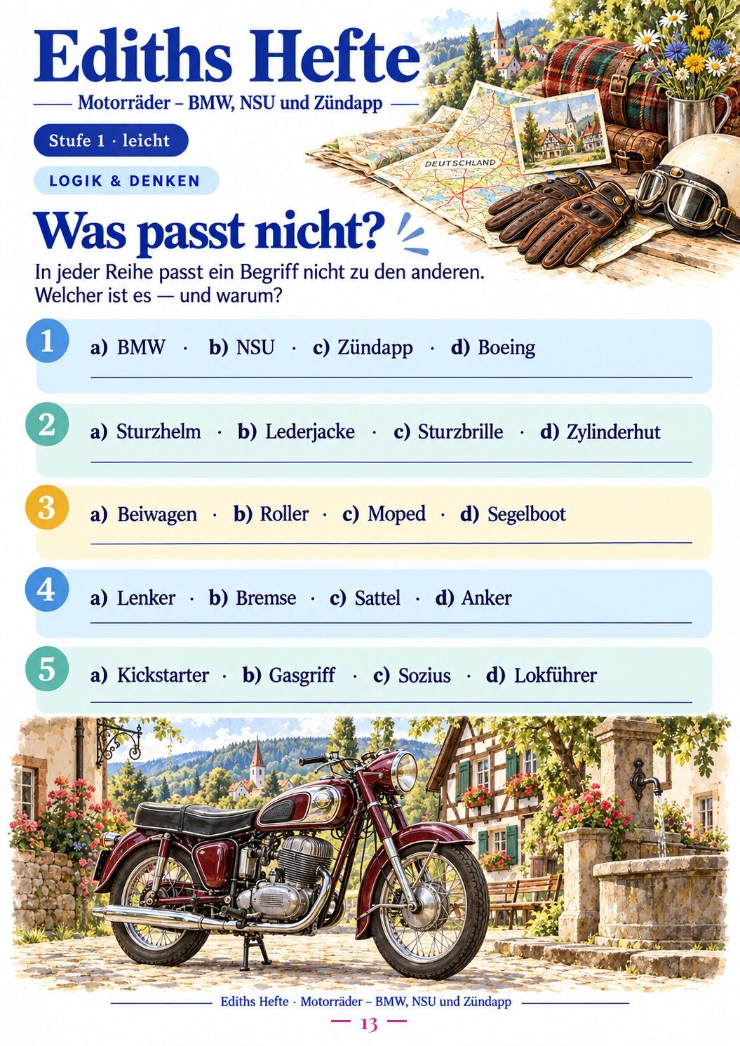 Übungsseite 13 aus dem Heft Motorräder: BMW, NSU und Zündapp