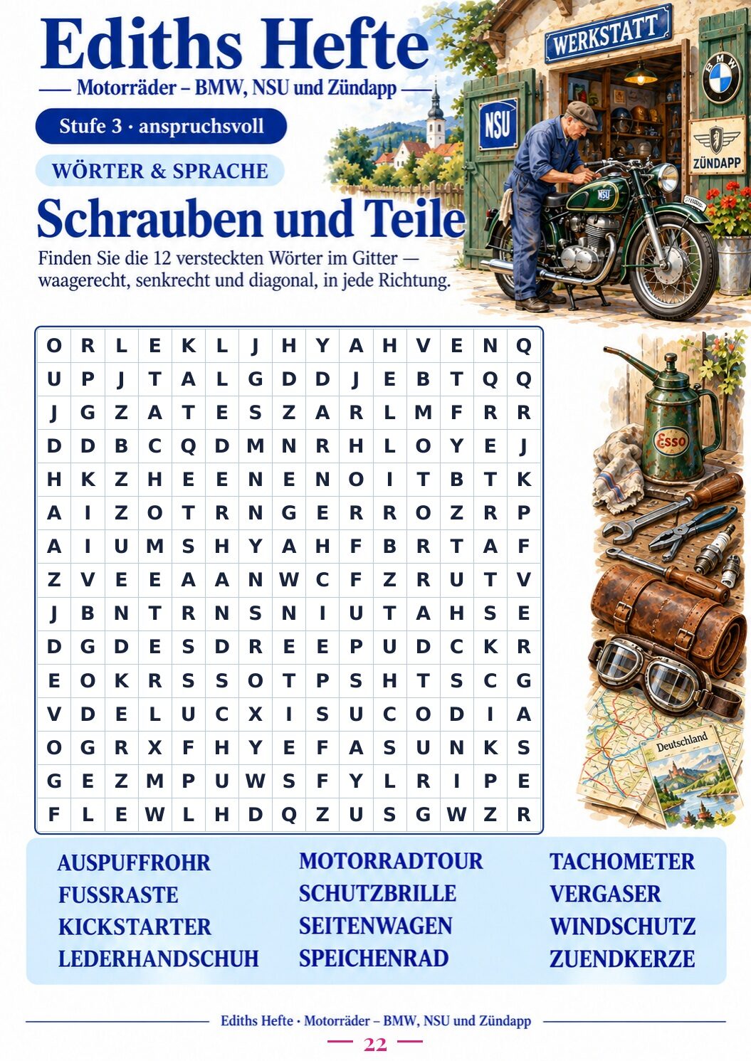 Übungsseite 22 aus dem Heft Motorräder: BMW, NSU und Zündapp