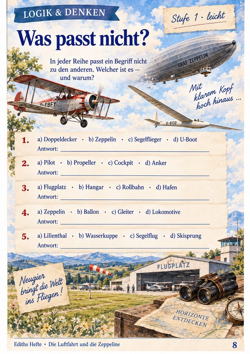 Übungsseite 8 aus dem Heft Die Luftfahrt und die Zeppeline
