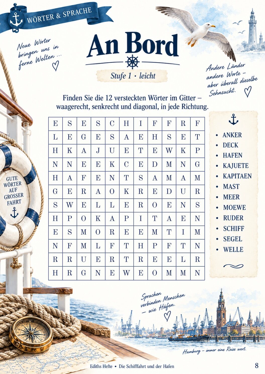 Übungsseite 8 aus dem Heft Die Schifffahrt und der Hafen
