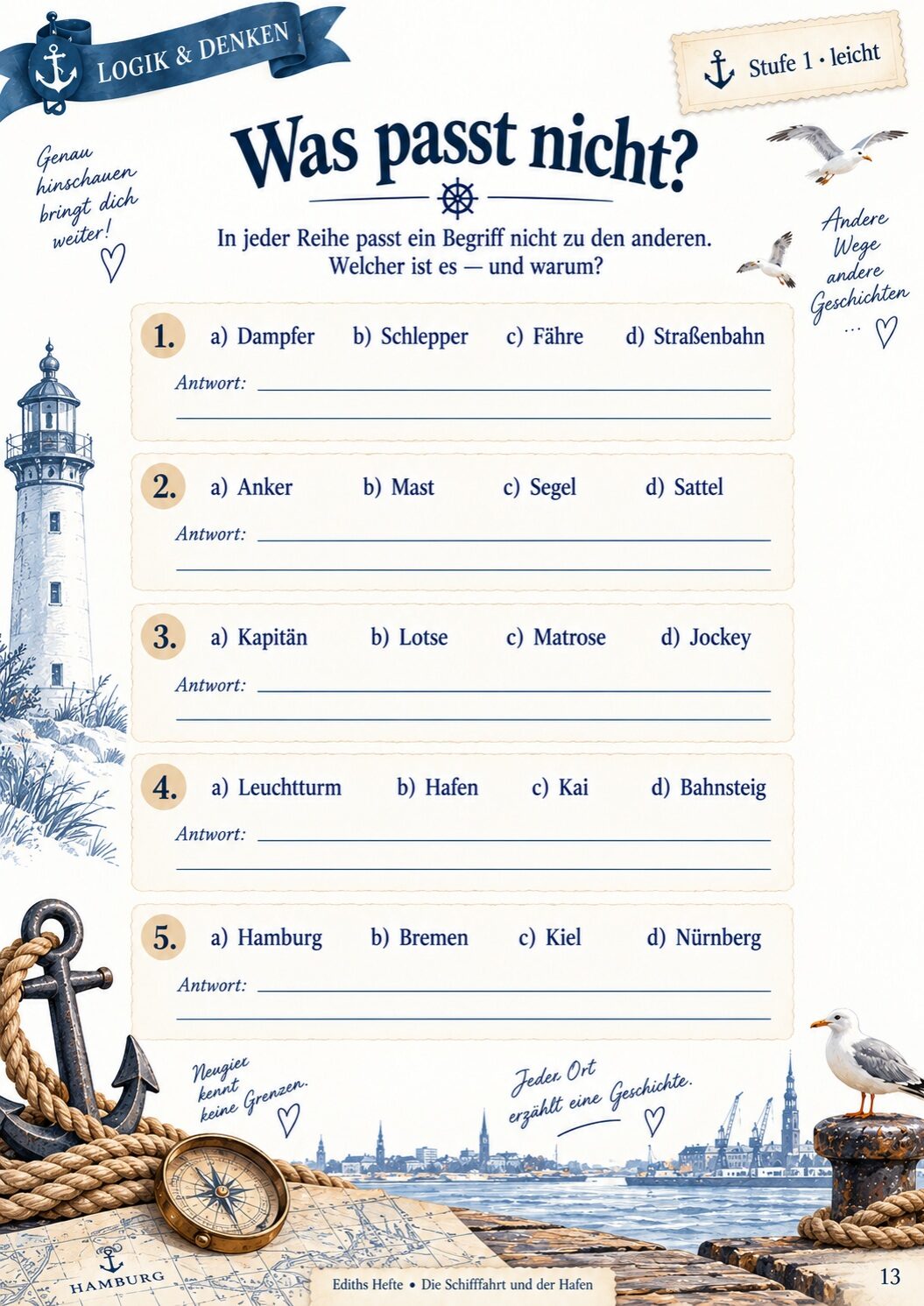Übungsseite 13 aus dem Heft Die Schifffahrt und der Hafen