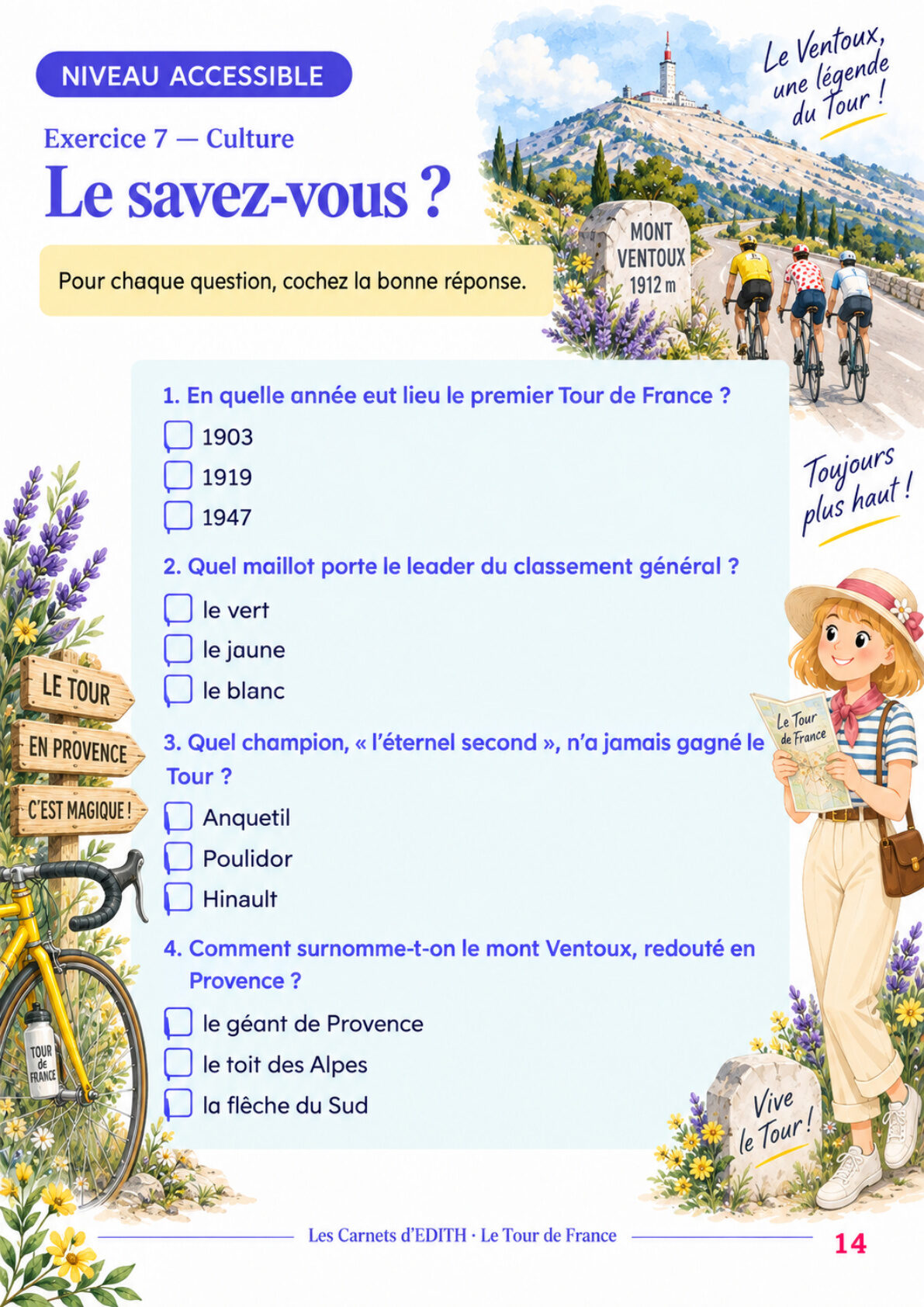 Page d’exercice 14 du carnet Le Tour de France