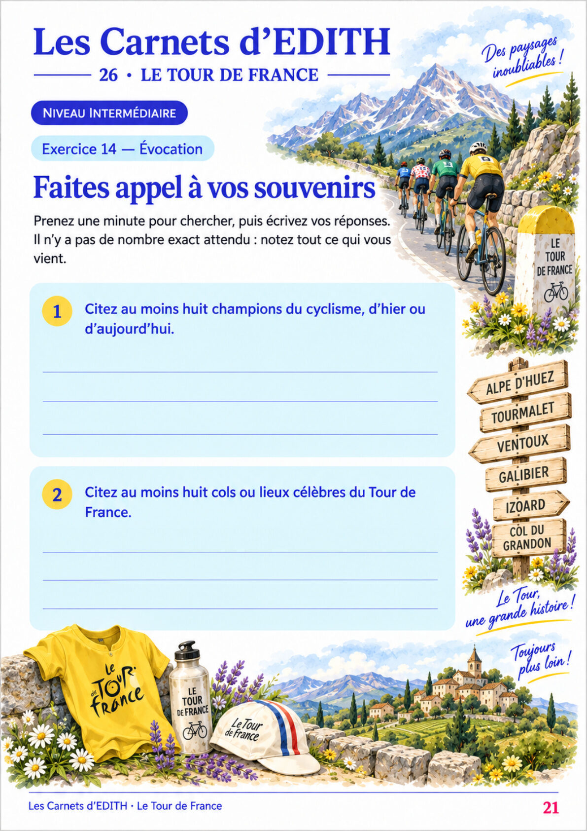 Page d’exercice 21 du carnet Le Tour de France